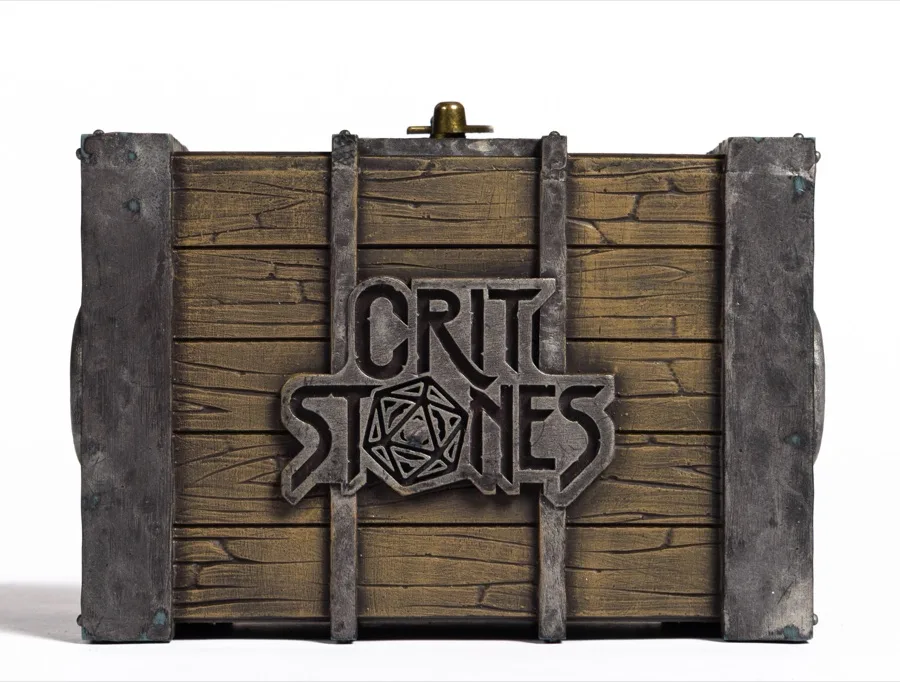 The underside of the Mimic Dice Box with the sculpted CritStones logo