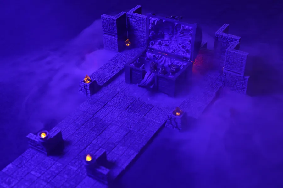 A tabletop dungeon scene lit in mimic purple