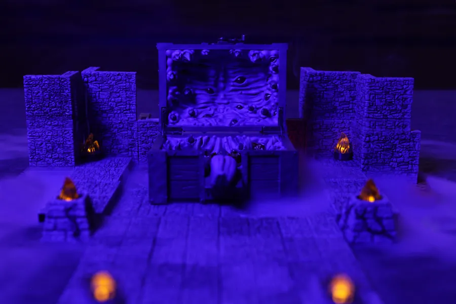 A tabletop dungeon scene lit in mimic purple