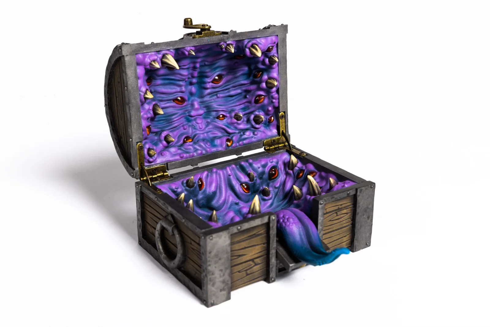The Mimic Dice Box, opened, showing the painted interior and tongue
